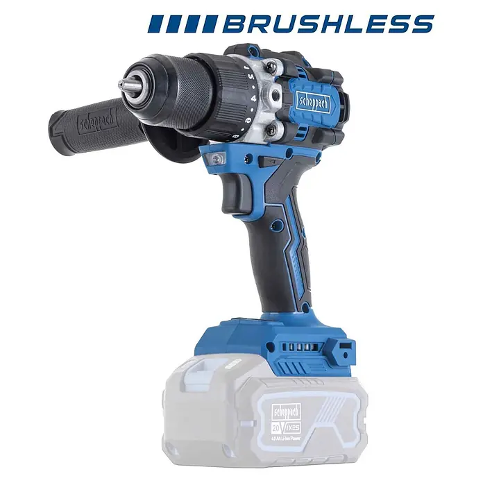 Scheppach IXES 20V Akku-Schlagbohrschrauber BC-CD70SC-X - 20 V, Ohne Akku, 70 Nm - Blauer und schwarzer Scheppach BRUSHLESS Akkubohrschrauber mit grauem 20V 4.0 Ah Li-Ion Akkupack.