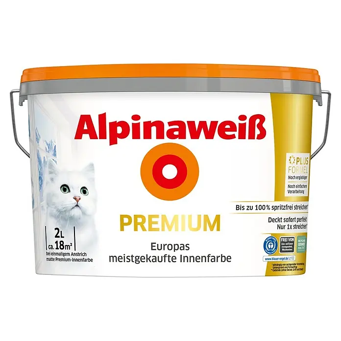 Alpina Alpinaweiss Wandfarbe Premium - Weiß, Matt, 2 l, Abtönbar - Alpinaweiß Premium Innenfarbe Eimer mit orangefarbenem Deckel, grauem Henkel, Katze und Produktvorteilen. 2L, ca. 18m².