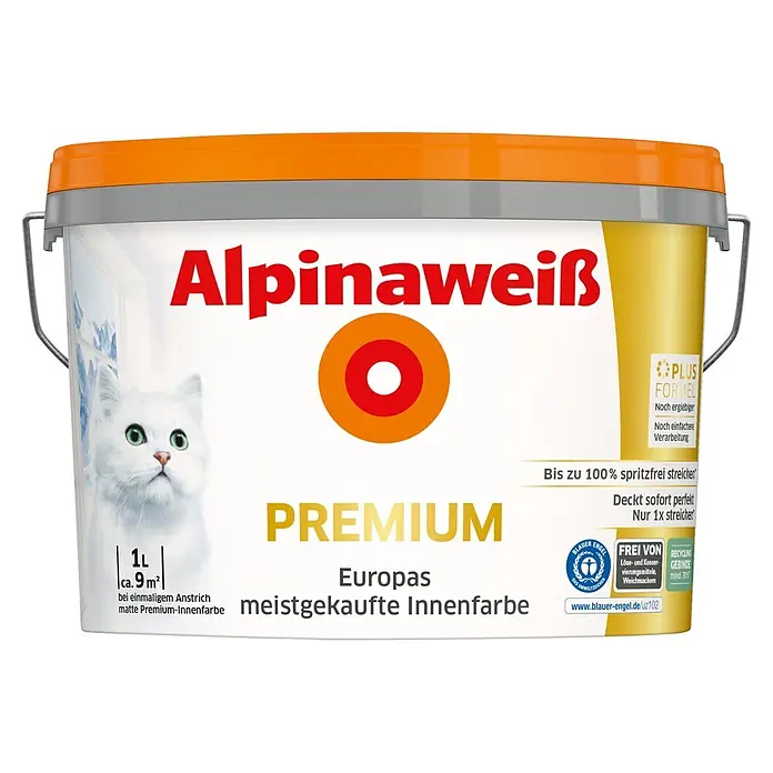 Alpina Alpinaweiss Wandfarbe Premium - Weiß, Matt, 1 l, Abtönbar - Weißer Alpinaweiß Farbeimer mit orangem Deckel, grauem Henkel und einer weißen Katze auf dem Etikett.