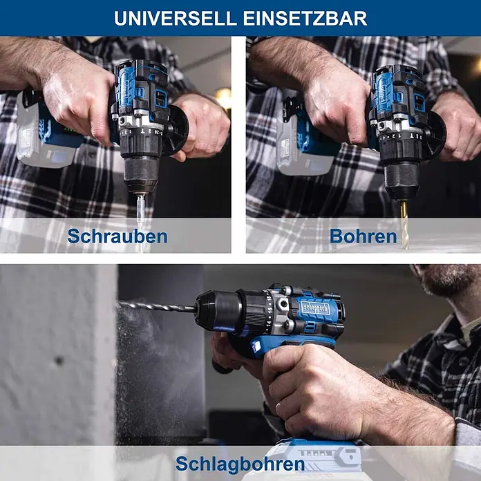 Scheppach IXES 20V Akku-Schlagbohrschrauber BC-CD70SC-X - 20 V, Ohne Akku, 70 Nm - Blauer und schwarzer Akkuschrauber, verwendet für Schraub-, Bohr- und Schlagbohrarbeiten.