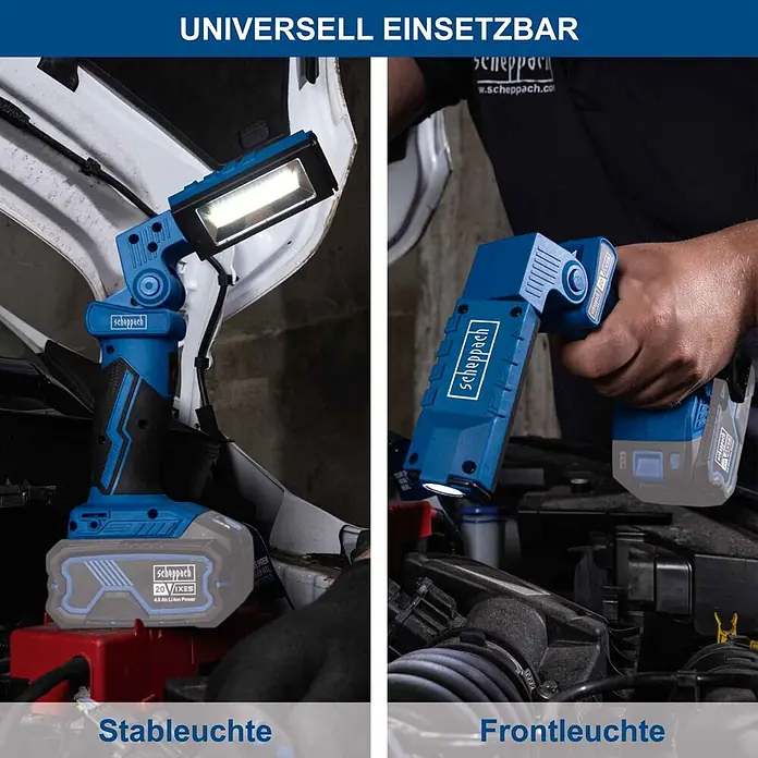 Scheppach IXES 20V LED-Arbeitsleuchte C-WL20-X - 20 V, Ohne Akku, 300 lm - Blaue und schwarze Scheppach 20V LED Arbeitsleuchte als Stableuchte und Frontleuchte im Motorraum eines Autos gezeigt.