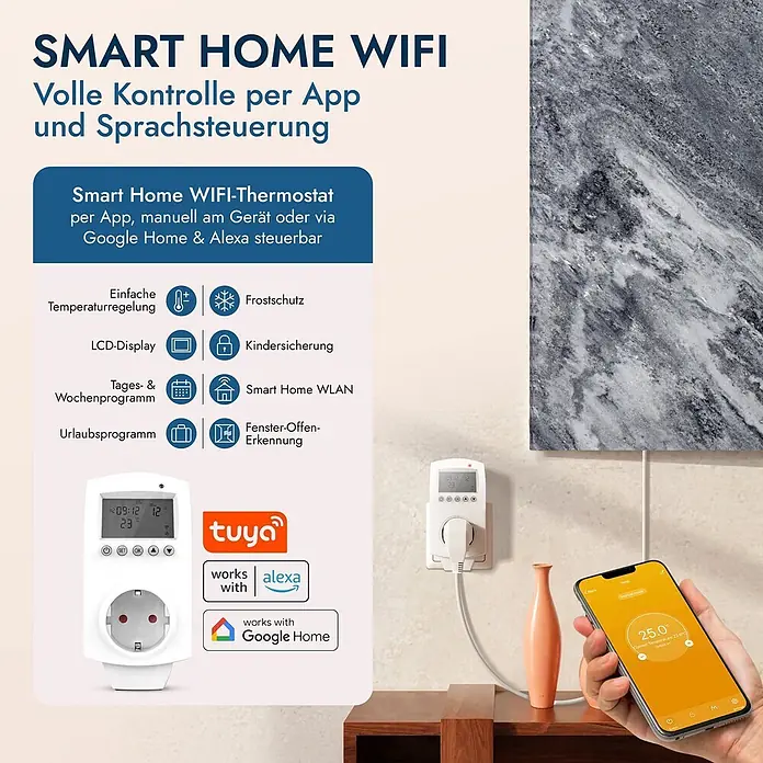 Marwona Shadow Grey Infrarotheizung 800 W inkl. Smart-Thermostat -  - Weißer Smart-Thermostatstecker mit LCD-Display, per App steuerbar. Kompatibel mit Alexa/Google Home für Temperaturregelung.