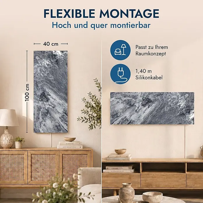 Marwona Shadow Grey Infrarotheizung 800 W inkl. Smart-Thermostat -  - Graue Infrarot-Heizplatte in Marmoroptik, vertikal (100x40 cm) und horizontal montiert, zeigt flexible Anpassung an moderne Wohnräume.
