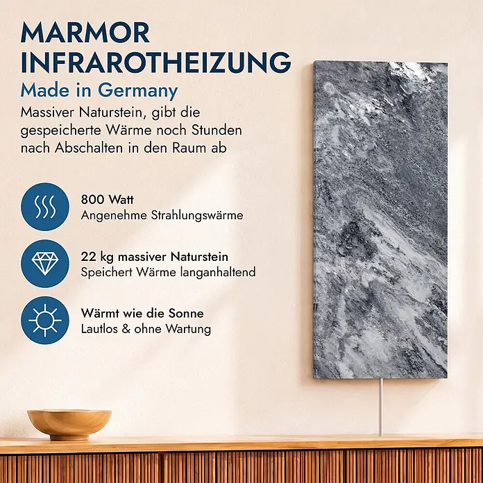 Marwona Shadow Grey Infrarotheizung 800 W inkl. Smart-Thermostat -  - Graue und weiße Marmor-Infrarotheizung an einer Wand, die sanfte Strahlungswärme abgibt.