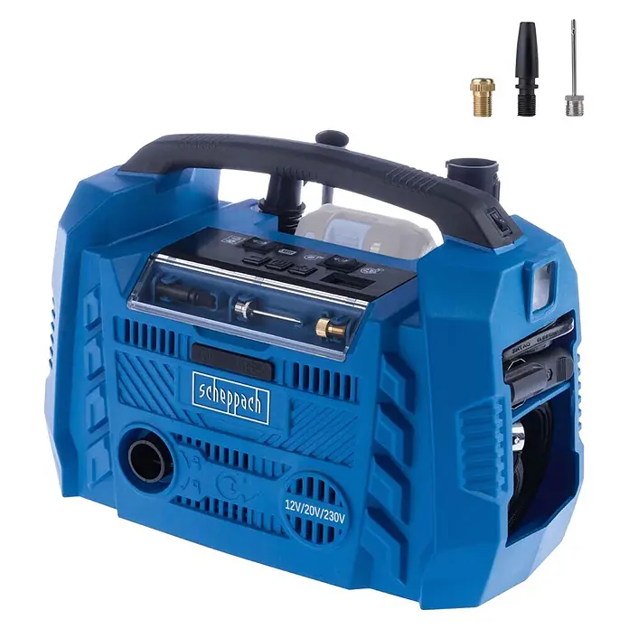 Scheppach IXES 20V Hybrid-Kompressor Air Force 6 - 20 V, Ohne Akku, Max. Druck: 10,3 bar - Blauer Scheppach Reifenfüller/Kompressor mit Griff und verschiedenen Düsenadaptern. Verfügt über 12V/20V/230V Stromoptionen.
