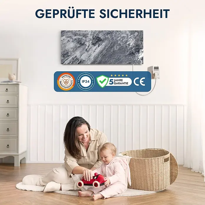 Marwona Shadow Grey Infrarotheizung 800 W inkl. Smart-Thermostat -  - Graue, marmorierte Infrarot-Heizplatte mit Sicherheitszertifikaten, in einer Familienwohnung installiert.