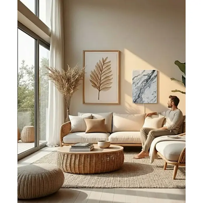 Marwona Infrarotheizkörper Qarama 500 W – Funk - B x H: 500 x 600 mm, 500 W, Qarama - Ein Mann entspannt sich in einem hellen Wohnzimmer mit einem großen runden Kaffeetisch aus geflochtenem Rattan und einem passenden Hocker.