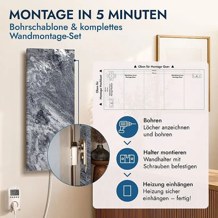 Marwona Shadow Grey Infrarotheizung 800 W inkl. Smart-Thermostat -  - Elektrische Heizplatte mit Marmormuster und Installationsanleitung: Bohren, Halter montieren, Heizung einhängen.