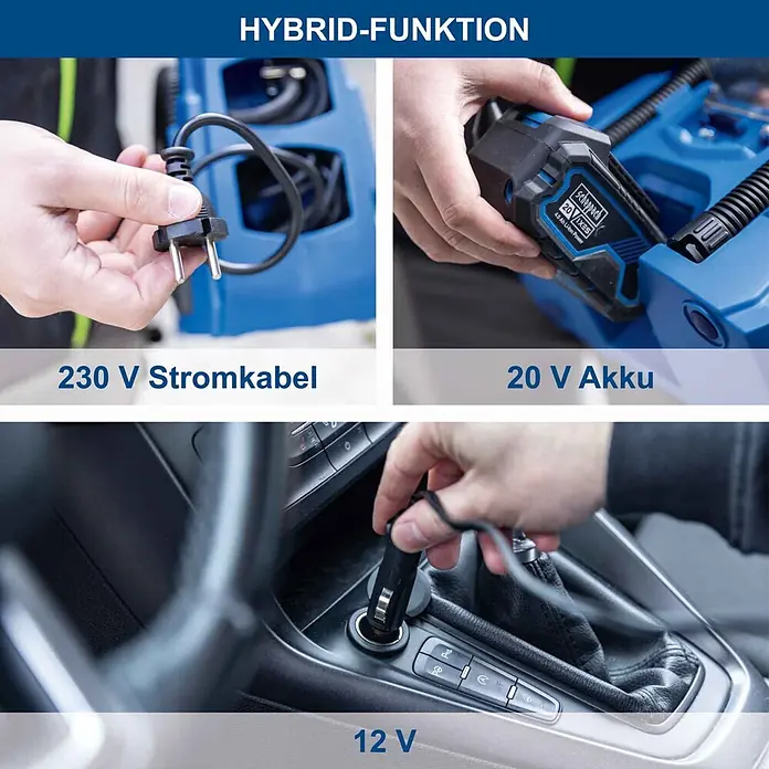 Scheppach IXES 20V Hybrid-Kompressor Air Force 6 - 20 V, Ohne Akku, Max. Druck: 10,3 bar - Hybrid-Funktion: Anschluss an 230V Stromkabel, Einsetzen eines 20V Akkus und 12V Kfz-Adapter. Zeigt vielseitige Stromversorgung.