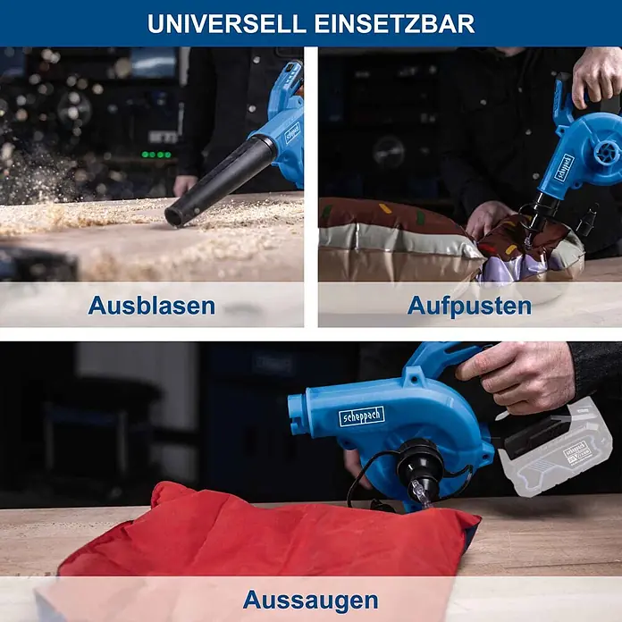 Scheppach IXES 20V Akku-Gebläse C-WBL180-X - 20 V, Ohne Akku - Blauer Scheppach Akku-Gebläse/Staubsauger, der Blas-, Aufblas- und Saugfunktionen demonstriert.
