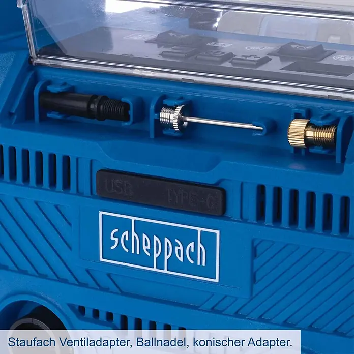 Scheppach IXES 20V Hybrid-Kompressor Air Force 6 - 20 V, Ohne Akku, Max. Druck: 10,3 bar - Blauer Scheppach Inflator mit integriertem Staufach für Ventiladapter, Ballnadel und konischen Adapter, plus USB-C-Anschluss.
