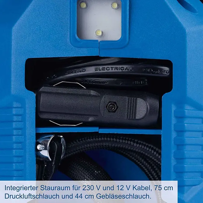 Scheppach IXES 20V Hybrid-Kompressor Air Force 6 - 20 V, Ohne Akku, Max. Druck: 10,3 bar - Blauer Kasten mit integriertem Stauraum für 230 V und 12 V Kabel, 75 cm Druckluftschlauch und 44 cm Gebläseschlauch.