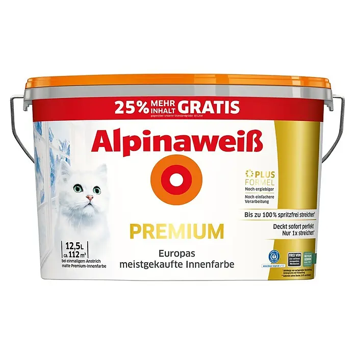 Alpina Alpinaweiss Wandfarbe Premium +25 % gratis - Weiß, Matt, 12,5 l, Abtönbar - Alpinaweiß 12,5 L Premium Innenfarbeimer mit rotem Band und orangefarbenem Deckel.