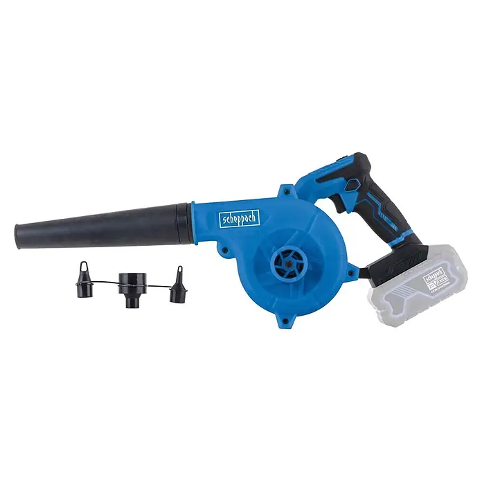 Scheppach IXES 20V Akku-Gebläse C-WBL180-X - 20 V, Ohne Akku - Blauer und schwarzer Akku-Laubbläser mit schwarzer Düse, angebrachtem grauem Akku und weiteren schwarzen Aufsätzen.