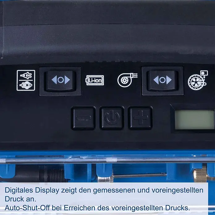 Scheppach IXES 20V Hybrid-Kompressor Air Force 6 - 20 V, Ohne Akku, Max. Druck: 10,3 bar - Schwarzes Bedienfeld eines Li-Ion Luftkompressors mit Digitalanzeige, Ein-/Aus-Taste, Druckeinstellungen und Modussymbolen.
