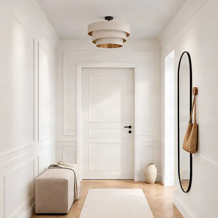 Lindby Deckenlampe in creme, gold, Deckenleuchte -  - Gestufte cremefarbene Stoff-Deckenleuchte mit goldenem Inneren in einem modernen Flur.