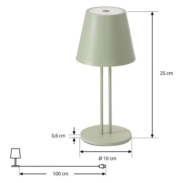 Lindby LED Outdoor Tischlampe in grün matt, dimmbar Tischleuchte außen -  - Salbeigrüne Tischlampe mit konischem Schirm, zwei Stützen und rundem Fuß. 25 cm hoch.