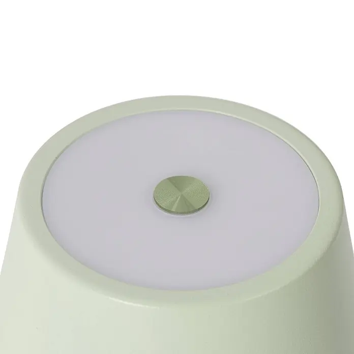 Lindby LED Outdoor Tischlampe in grün matt, dimmbar Tischleuchte außen -  - Hellgrüne, texturierte Lampe mit diffuser Leuchtfläche und zentralem, rundem Knopf mit konzentrischen Rillen.