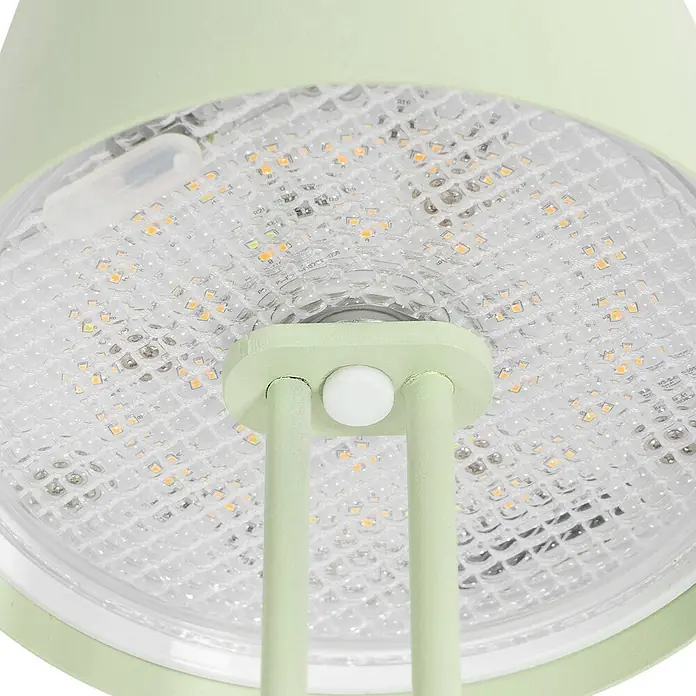 Lindby LED Outdoor Tischlampe in grün matt, dimmbar Tischleuchte außen -  - Nahaufnahme einer hellgrünen LED-Lampe mit strukturierter Klaroptik und sichtbaren warmtönigen LED-Chips, mit einem weißen Bedienknopf.
