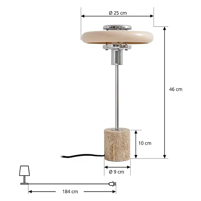 Lindby Tischlampe in beige, Nachttischlampe -  - Cremefarbene Tischleuchte mit scheibenförmigem Schirm, Chromschaft und zylindrischem Stein-Sockel. Höhe 46 cm, Kabel 184 cm.