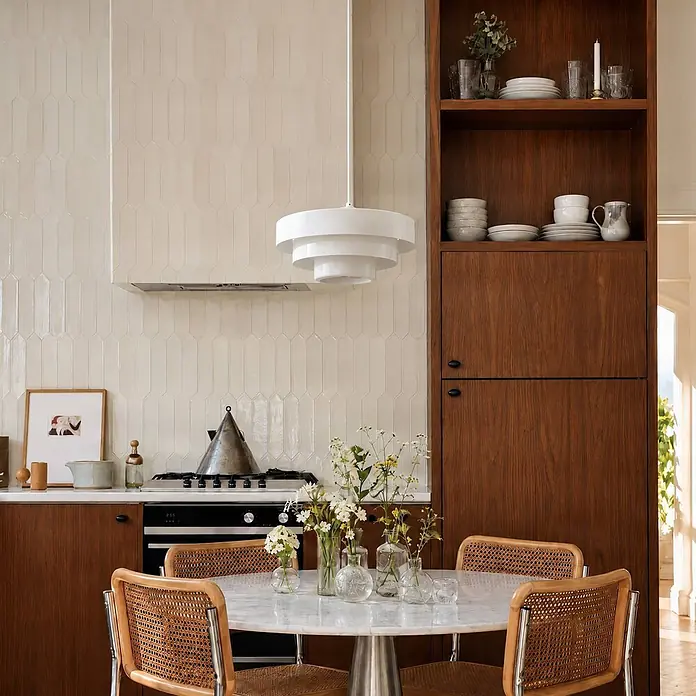 Lindby Pendelleuchte in weiß glänzend, Hängelampe -  - Moderne Küche mit cremefarbenen vertikalen Fliesen und weißer Etagen-Pendelleuchte. Dunkle Holzschränke, Marmortisch und Rattanstühle im Essbereich.