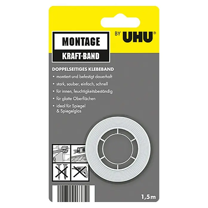 UHU Kraft Montageband - 1,5 m x 19 mm, Gebrauchsfertig - Produktbild eines Montage Kraft-Band von UHU, einem doppelseitigen Klebeband für dauerhafte Befestigung.