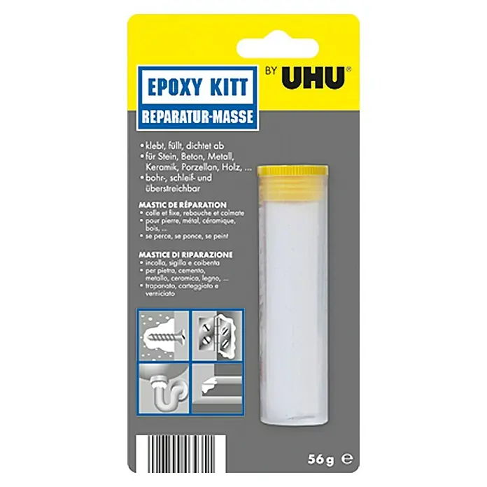 UHU Reparaturmasse Epoxy Kitt - 56 g, Stick, Grau/Weiß - UHU Epoxy Kitt Reparatur-Masse: Klebt, füllt und dichtet ab für Stein, Beton, Metall, Keramik, Porzellan, Holz uvm. Ideal für schnelle Reparaturen.
