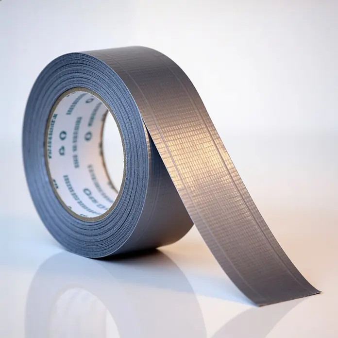ALLEGRA Gewebeband - 72 mm x 50 m, silber - Eine Rolle graues Panzerband mit einem abgerollten Streifen, der die gewebte Textur zeigt.