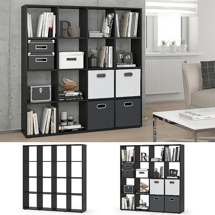 Vicco Holzregal - H x B x T: 29 x 29 x 29 cm, Schwarz - Großes schwarzes 18-Würfel-Regal, als Bücherregal und Präsentationsfläche genutzt, gefüllt mit Büchern, Boxen und Dekoration.