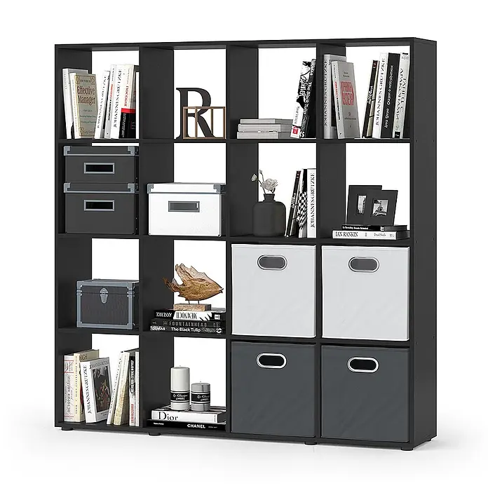 Vicco Holzregal - H x B x T: 29 x 29 x 29 cm, Schwarz - Schwarzes Würfelregal, gefüllt mit Büchern, Dekoration und Stoffkörben, vielseitige Aufbewahrung.