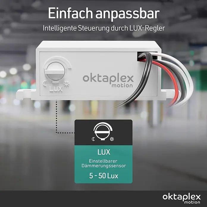 Oktaplex Motion Bewegungsmelder Jasy - Weiß, L x B x H: 39 x 75 x 25 mm - Weißer oktaplex motion LUX-Regler mit Drehschalter und Kabeln. Einstellbarer Dämmerungssensor für 5-50 Lux.