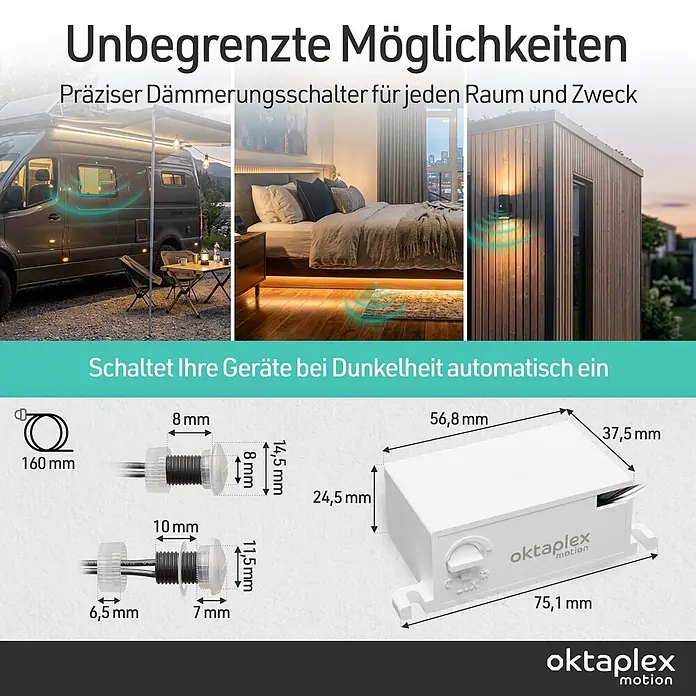 Oktaplex Motion Bewegungsmelder Jasy - Weiß, L x B x H: 39 x 75 x 25 mm - Oktaplex motion Dämmerungsschalter: kompakte weiße Steuereinheit mit verkabelten Sensoren, für automatische Beleuchtung in vielfältigen Innen- und Außenbereichen.