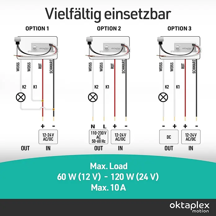 Oktaplex Motion Bewegungsmelder Jasy - Weiß, L x B x H: 39 x 75 x 25 mm - Schaltpläne für einen vielseitigen Oktaplex Bewegungsmelder, mit drei Optionen für Ein-/Ausgänge (12-24V AC/DC, 110-230V AC) und max. Last.