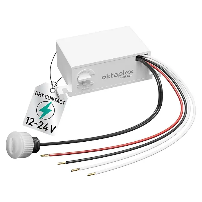 Oktaplex Motion Bewegungsmelder Jasy - Weiß, L x B x H: 39 x 75 x 25 mm - Weißes Oktaplex Bewegungssensormodul mit separatem Lichtsensor und Kabeln, für 12-24V potentialfreien Kontakt.