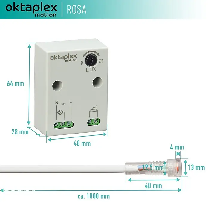 Oktaplex Motion Bewegungsmelder Rosa - Weiß, L x B x H: 28 x 48 x 64 mm - Weißer, rechteckiger Bewegungsmelder/Lichtsteuerung mit Schraubklemmen und LUX-Einstellung, verbunden mit einem separaten Lichtsensor.
