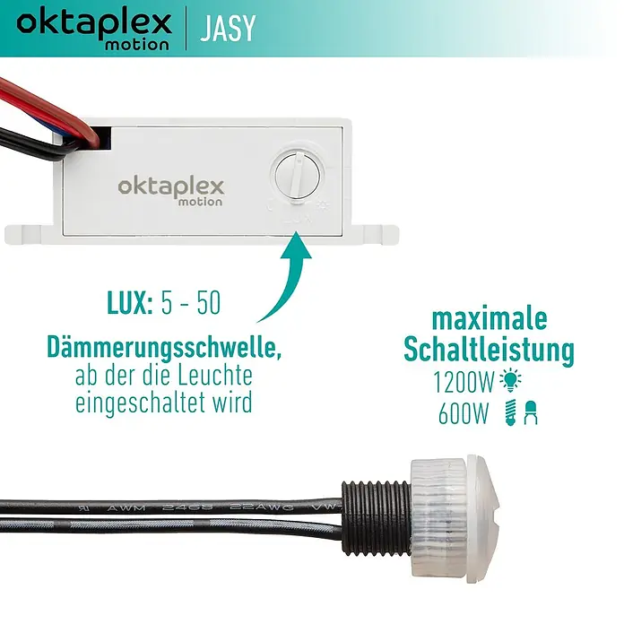 Oktaplex Motion Bewegungsmelder Jasy - Weiß, L x B x H: 39 x 75 x 25 mm - Weißer Bewegungssensor und Lichtsensor mit Anschlusskabeln und Beschriftungen zu LUX-Werten und Schaltleistung.