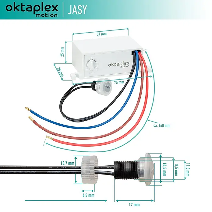 Oktaplex Motion Bewegungsmelder Jasy - Weiß, L x B x H: 39 x 75 x 25 mm - Kompakter weißer Bewegungsmelder mit einstellbarem LUX-Regler, separatem optischen Sensorkopf und Maßen.
