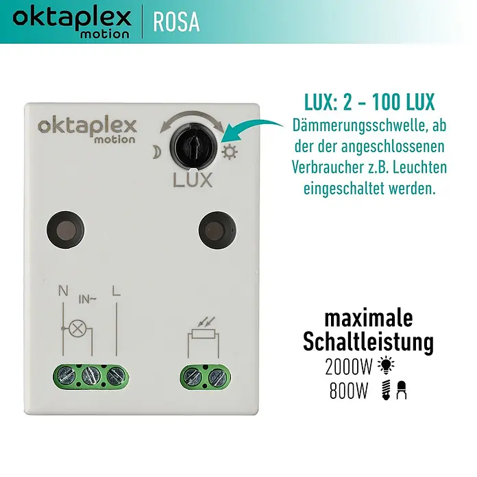 Oktaplex Motion Bewegungsmelder Rosa - Weiß, L x B x H: 28 x 48 x 64 mm - Weißer Oktaplex Dämmerungsschalter mit einstellbarer LUX-Empfindlichkeit und Anschlüssen.