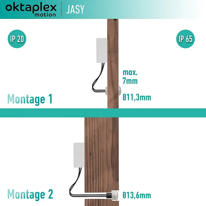 Oktaplex Motion Bewegungsmelder Jasy - Weiß, L x B x H: 39 x 75 x 25 mm - Zwei Montagearten für weißen Sensor in Holz: bündig (IP20) und versiegelt (IP65).