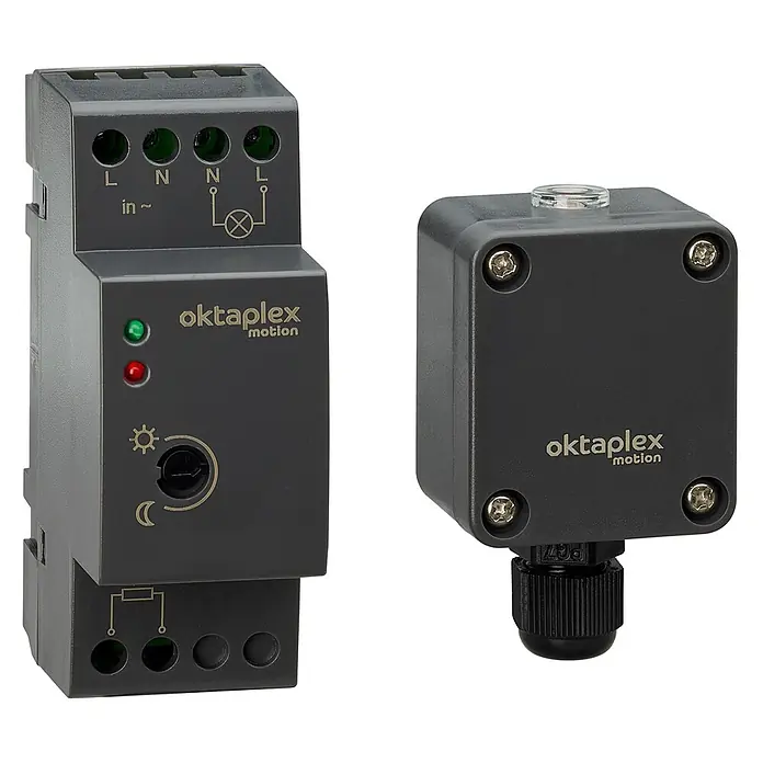 Oktaplex Motion Bewegungsmelder Edi - Anthrazit, L x B x H: 61 x 35 x 95 mm - Dunkelgraues Oktaplex Bewegungsmeldersystem, bestehend aus einer DIN-Schienen-Steuereinheit mit Klemmen und einem separaten Sensorkopf, zur automatischen Lichtsteuerung.