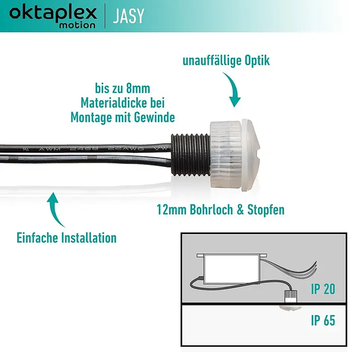Oktaplex Jasy 2er Set Einbau Dämmerungsschalter IP65 Weiß Nachrüstkit 230V -  - Kleiner, transluzenter weiß-schwarzer Gewindesensor/Schalter mit Kabeln, zur flächenbündigen Montage.