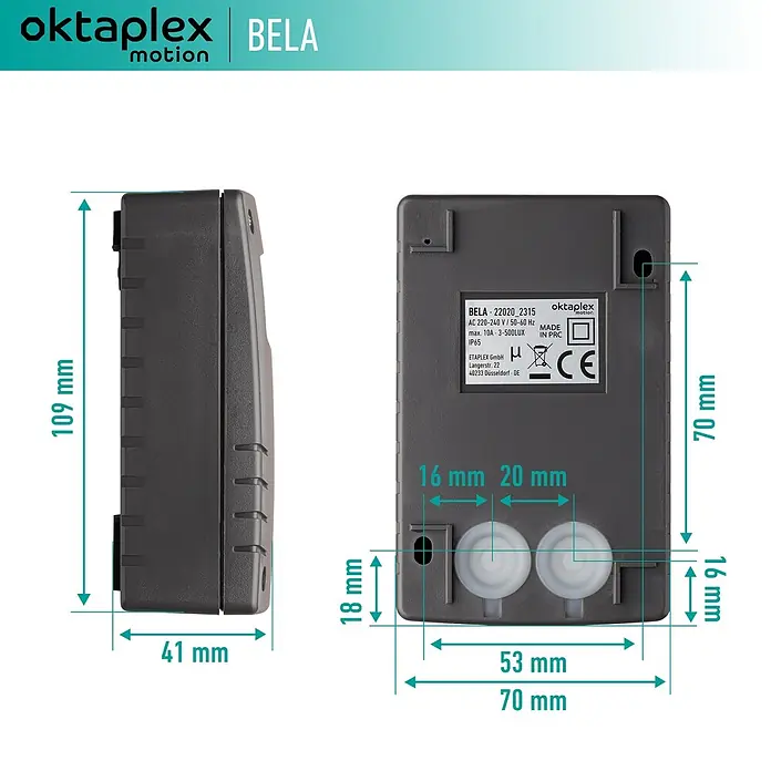 Oktaplex Motion Bewegungsmelder Bela - Anthrazit, L x B x H: 41 x 70 x 109 mm - Dunkelgrauer rechteckiger Oktaplex BELA Bewegungssensor mit Maßen: 109x70x41 mm.