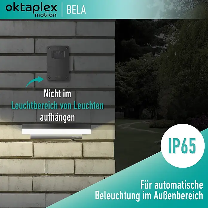 Oktaplex Motion Bewegungsmelder Bela - Anthrazit, L x B x H: 41 x 70 x 109 mm - Oktaplex BELA LED-Außenwandleuchte und Bewegungsmelder an einer Ziegelwand, geeignet für automatische IP65-Außenbeleuchtung.