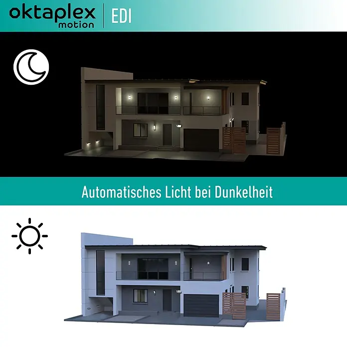 Oktaplex Motion Bewegungsmelder Edi - Anthrazit, L x B x H: 61 x 35 x 95 mm - Modernes Haus mit automatischer Außenbeleuchtung, nachts mit Licht an und tagsüber mit Licht aus dargestellt.