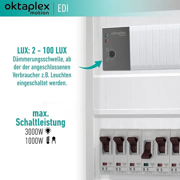 Oktaplex Motion Bewegungsmelder Edi - Anthrazit, L x B x H: 61 x 35 x 95 mm - Grauer Oktaplex motion Dämmerungsschalter in einem Verteilerkasten, mit LUX-Bereich (2-100) und max. Schaltleistung (3000W Glühlampe, 1000W LED/CFL).