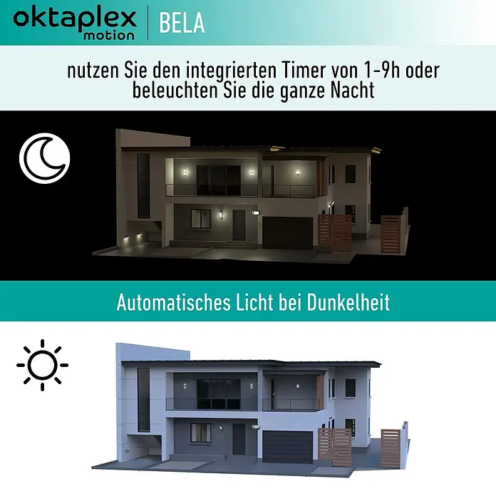 Oktaplex Motion Bewegungsmelder Bela - Anthrazit, L x B x H: 41 x 70 x 109 mm - Außenbeleuchtung BELA von Oktaplex Motion mit Timerfunktion (1-9h/ganze Nacht) und automatischem Licht bei Dunkelheit.