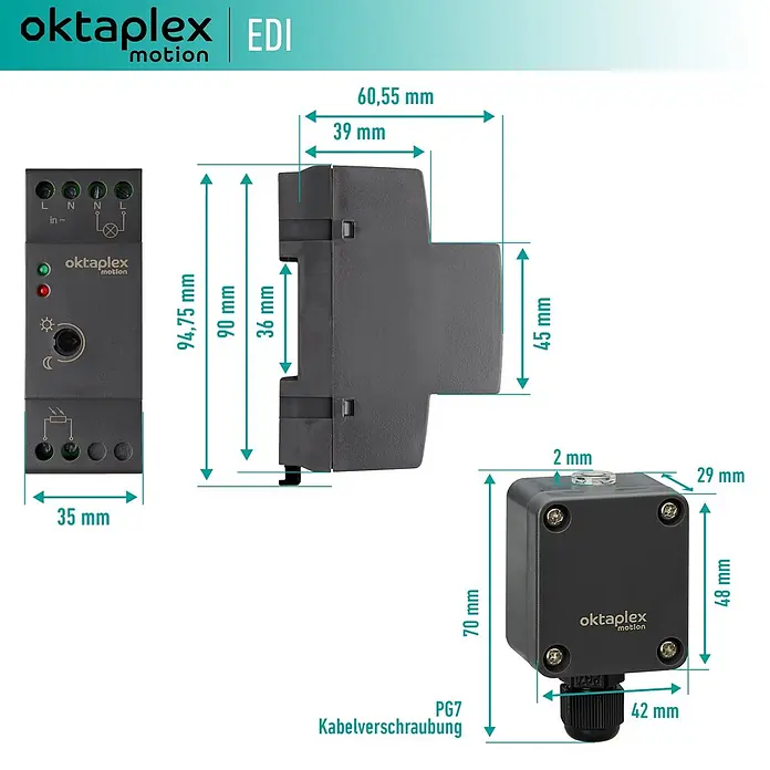 Oktaplex Motion Bewegungsmelder Edi - Anthrazit, L x B x H: 61 x 35 x 95 mm - Dunkelgraues elektronisches Steuergerät mit externem Sensor, detaillierte Abmessungen anzeigend.
