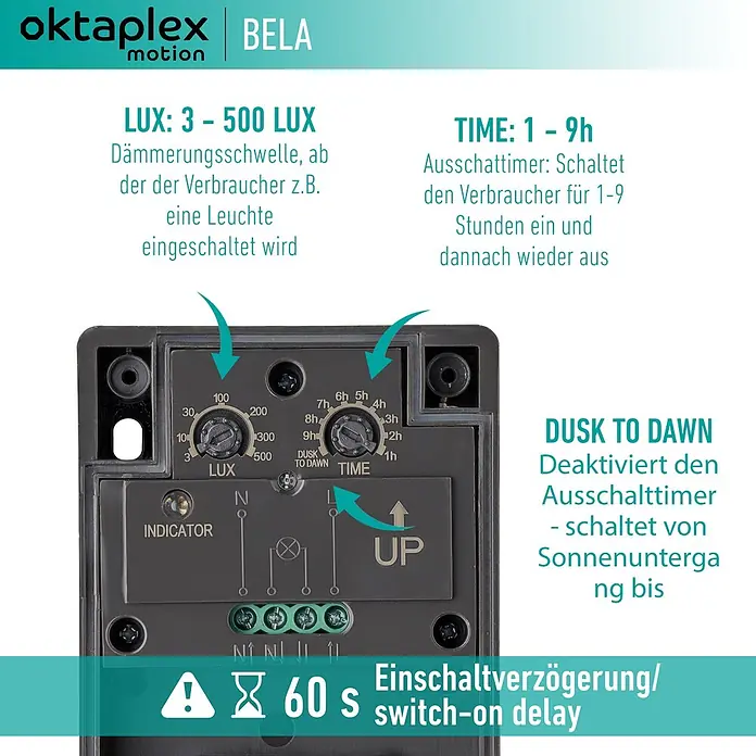 Oktaplex Motion Bewegungsmelder Bela - Anthrazit, L x B x H: 41 x 70 x 109 mm - Dunkelgrauer Bewegungsmelder mit einstellbarer LUX- und Zeiteinstellung, mit Dämmerungsfunktion und 60 Sekunden Einschaltverzögerung.