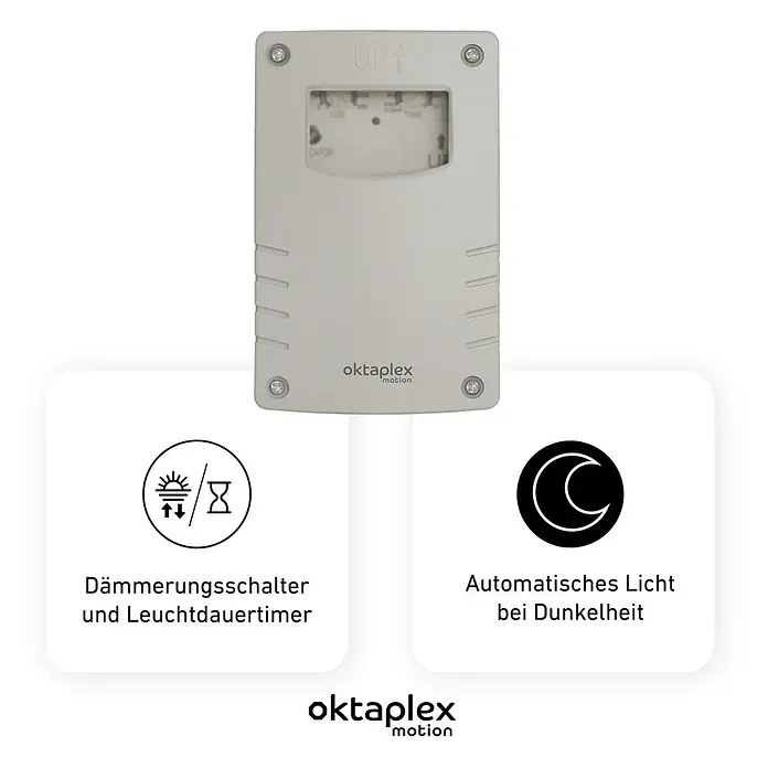 Oktaplex Motion Bewegungsmelder Bela - Weiß, L x B x H: 41 x 70 x 109 mm - Hellesgraues, rechteckiges Gerät mit transparentem Fach für LUX- und Zeitregler, das als Dämmerungsschalter fungiert.