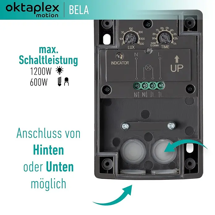 Oktaplex Motion Bewegungsmelder Bela - Anthrazit, L x B x H: 41 x 70 x 109 mm - oktaplex BELA Bewegungsmelder, dunkelgrau, mit Anschlüssen, LUX/Zeit-Reglern, 1200W/600W Leistung, Anschluss von hinten/unten.